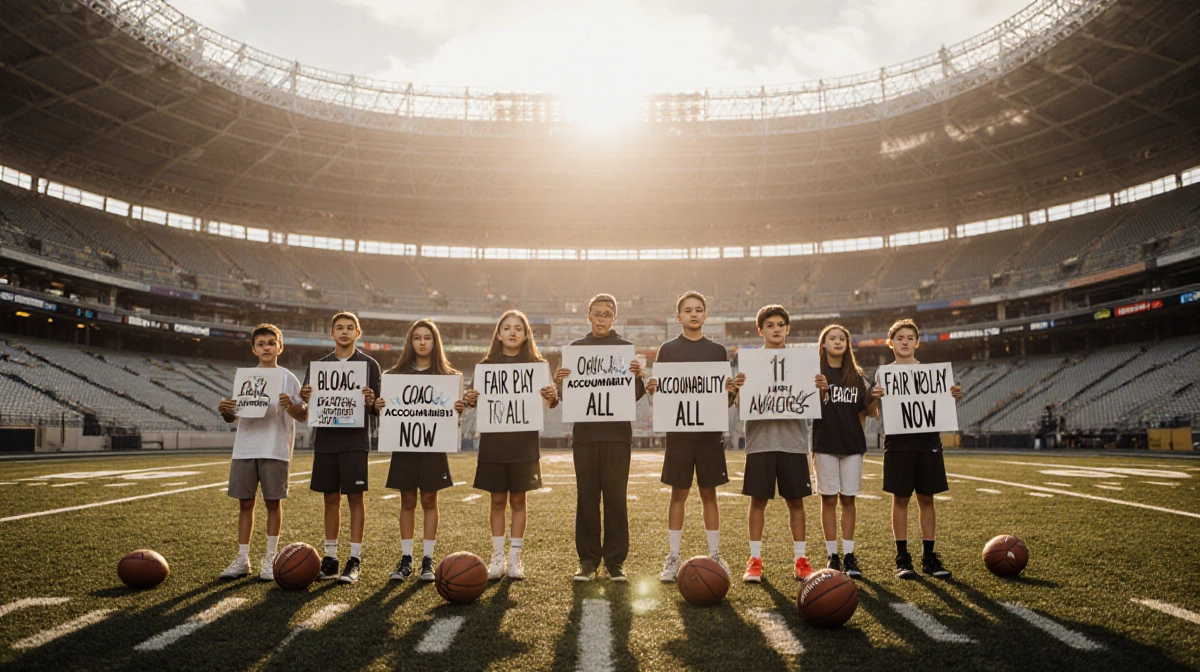 Young athletes hold signs demanding fair play and coach accountability with empty stadium and sports equipment behind them