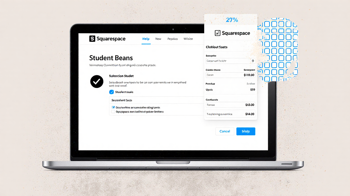 Laptop screen showing Student Beans verification page with checkmark Squarespace checkout interface 20% discount code