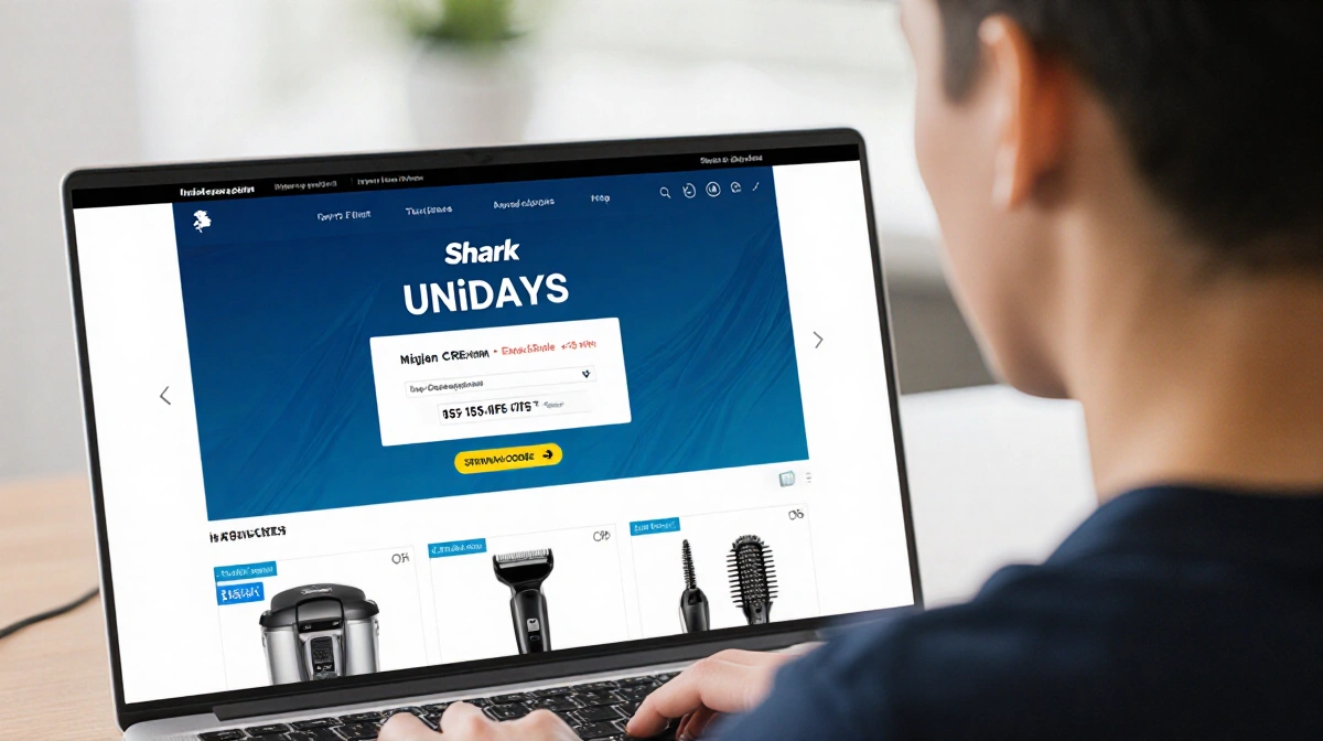 Student typing on laptop with UNiDAYS portal showing 15% off promo code and Shark product blurred behind