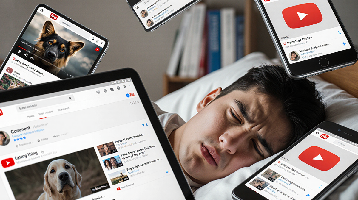 Student lying in bed with screens showing YouTube videos and content while face shows distress and blurred textbooks behind.