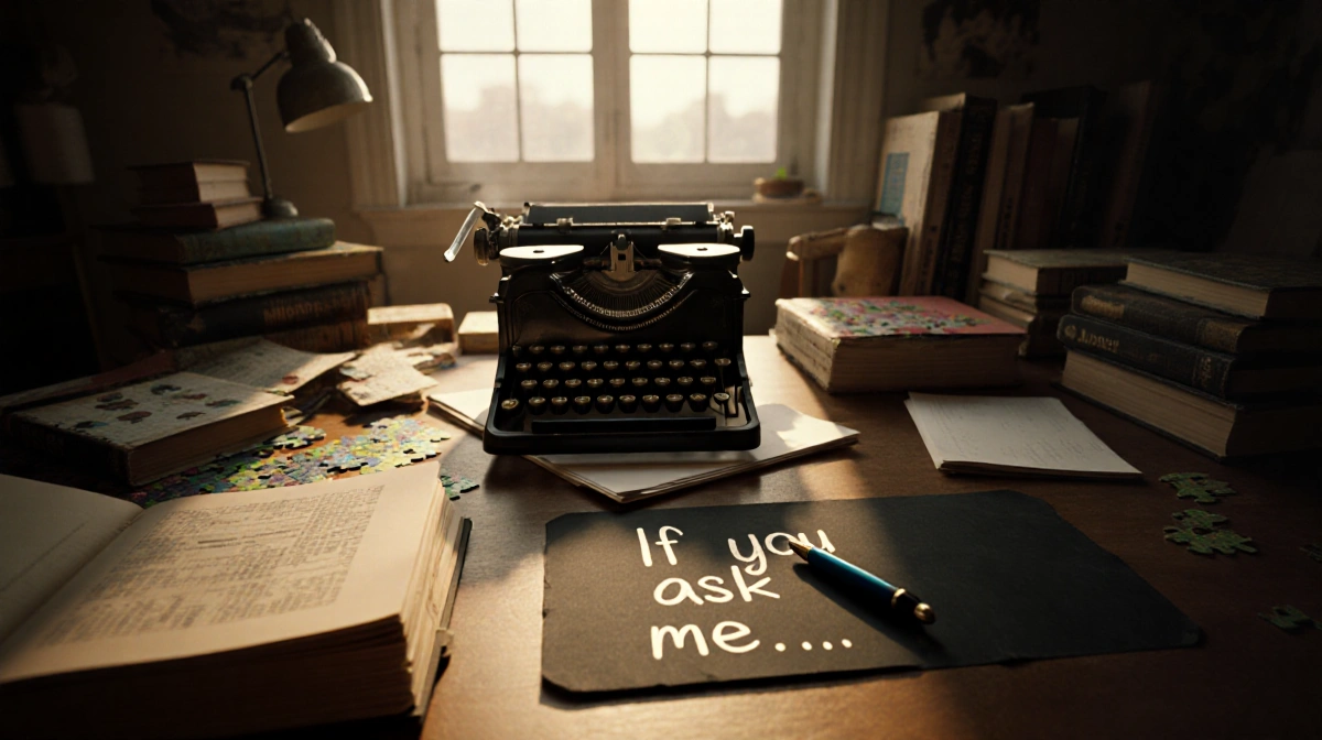 Vintage typewriter resting on cluttered desk with papers with a chalkboard note reading If you ask me in a cozy dim study