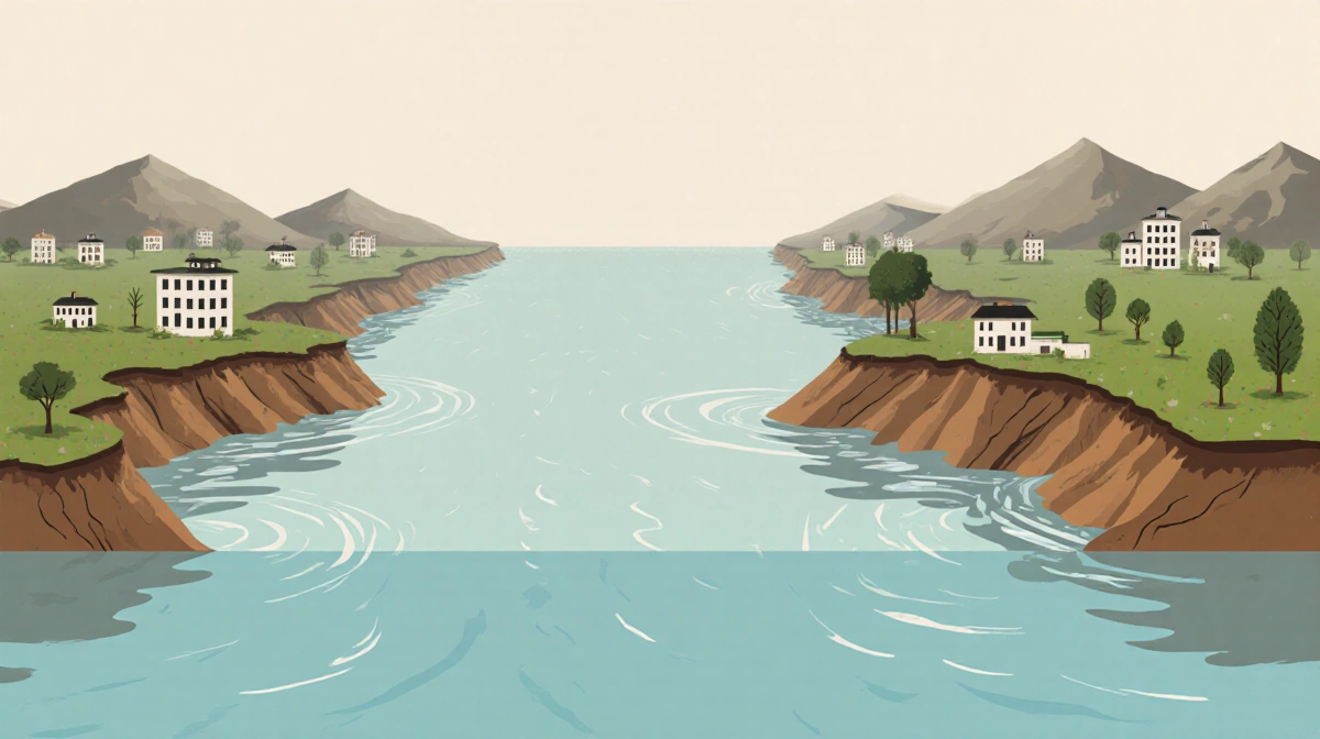 Sinking delta landscape with submerged trees and buildings showing subsidence outpacing sea level rise