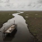 A weathered dock stands over vanished delta wetlands with rusting machinery and dying vegetation showing coastal erosion