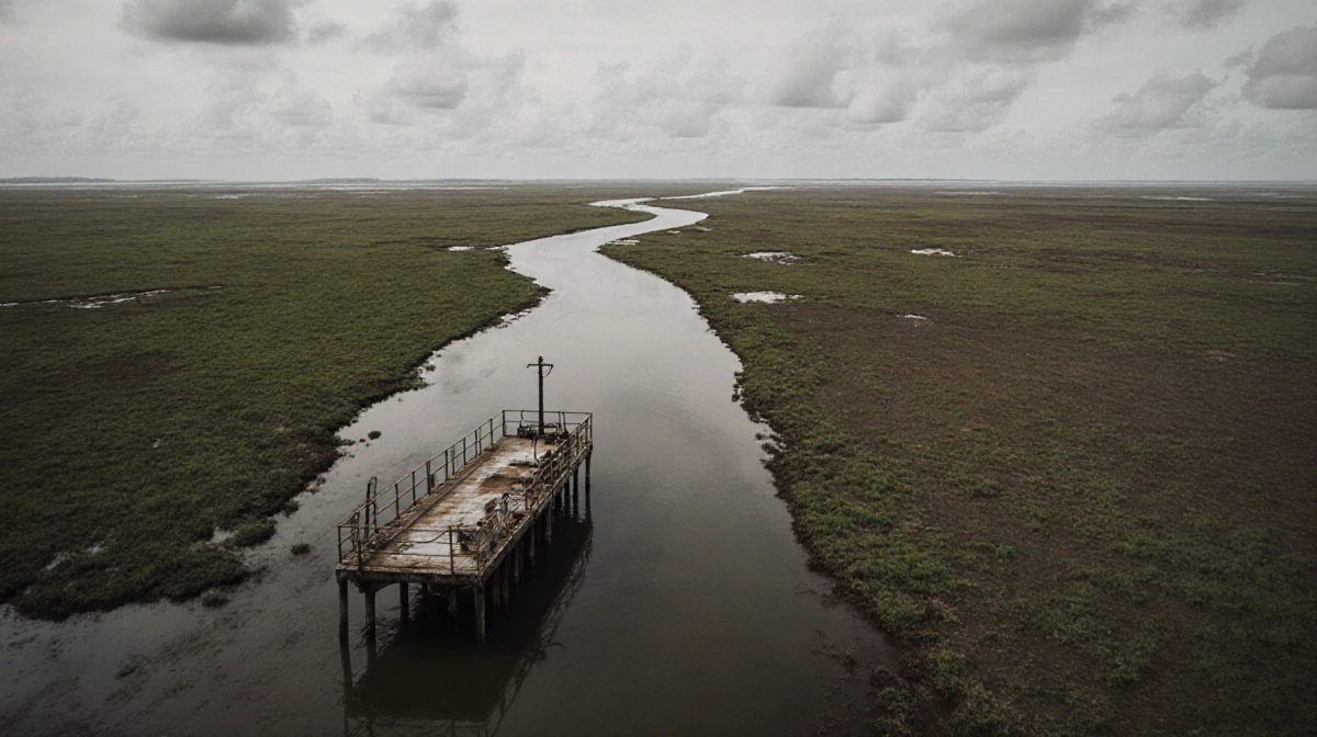 A weathered dock stands over vanished delta wetlands with rusting machinery and dying vegetation showing coastal erosion