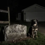 Dog sits beside weathered grave marker with name Johnathan in suburban Alabama and faint garage door in background.