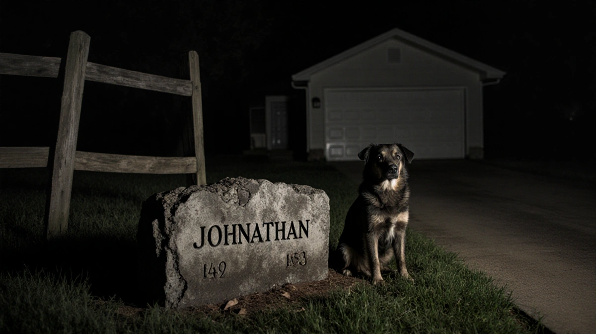 Dog sits beside weathered grave marker with name Johnathan in suburban Alabama and faint garage door in background.