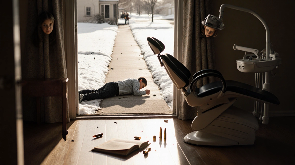 Two children lie motionless on floor with dentist chair and scattered toy while three 9mm casings appear in background under