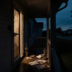 Broken screen door hangs open on dim porch with glowing light and racing trophies scattered nearby