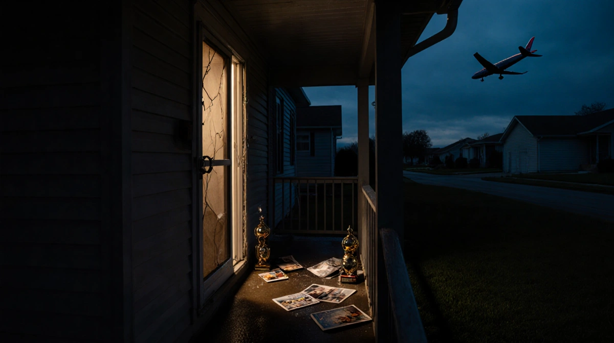 Broken screen door hangs open on dim porch with glowing light and racing trophies scattered nearby