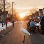 Neighbors arguing at meeting table with children playing nearby and white egret standing calmly in foreground