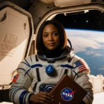 Astronaut Suni Williams stands at space station hatch with NASA logo and Earth visible through window