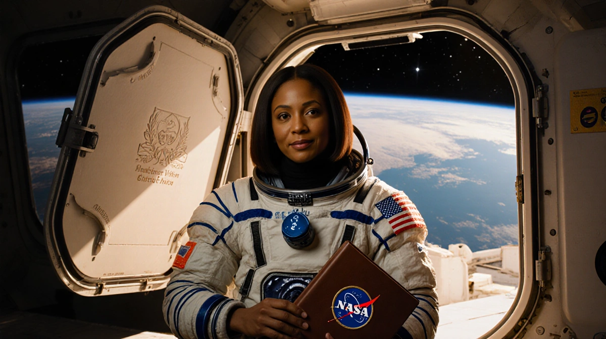 Astronaut Suni Williams stands at space station hatch with NASA logo and Earth visible through window