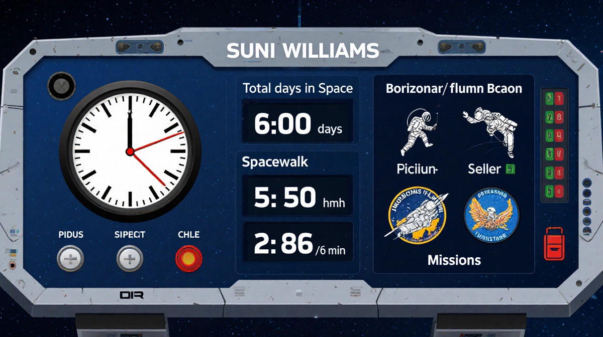 NASA astronaut Suni Williams space statistics dashboard shows 608 days in space with timer and mission patches