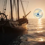 Silhouetted ship wheel stands on old sailboat at sunset with globe showing High Seas Treaty logo in calm ocean