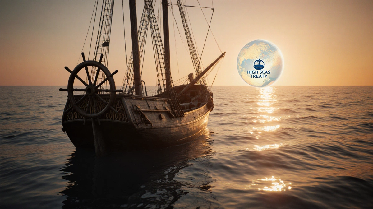 Silhouetted ship wheel stands on old sailboat at sunset with globe showing High Seas Treaty logo in calm ocean