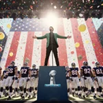 Billie Joe Armstrong performing on stage with football legends marching in jerseys and confetti falling