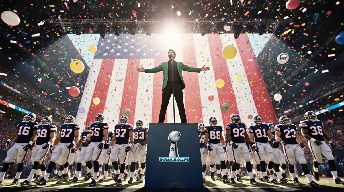 Billie Joe Armstrong performing on stage with football legends marching in jerseys and confetti falling