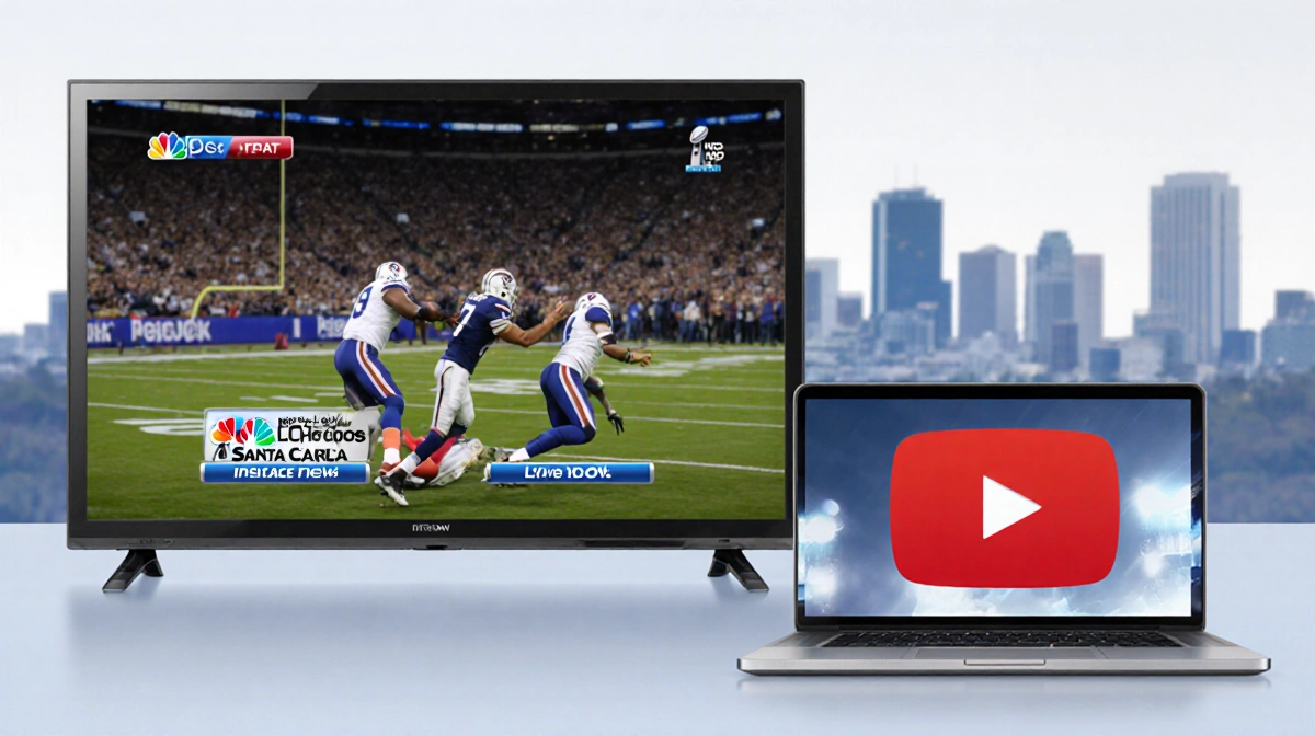 Split screen shows Super Bowl streaming on TV with football action and Peacock logo on laptop near Santa Clara skyline