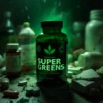 Super Greens supplement bottle glows eerily on messy counter with expired pill bottles showing salmonella smudges