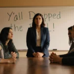 Superintendent Celina stands before parents with hands clasped and whiteboard showing Y