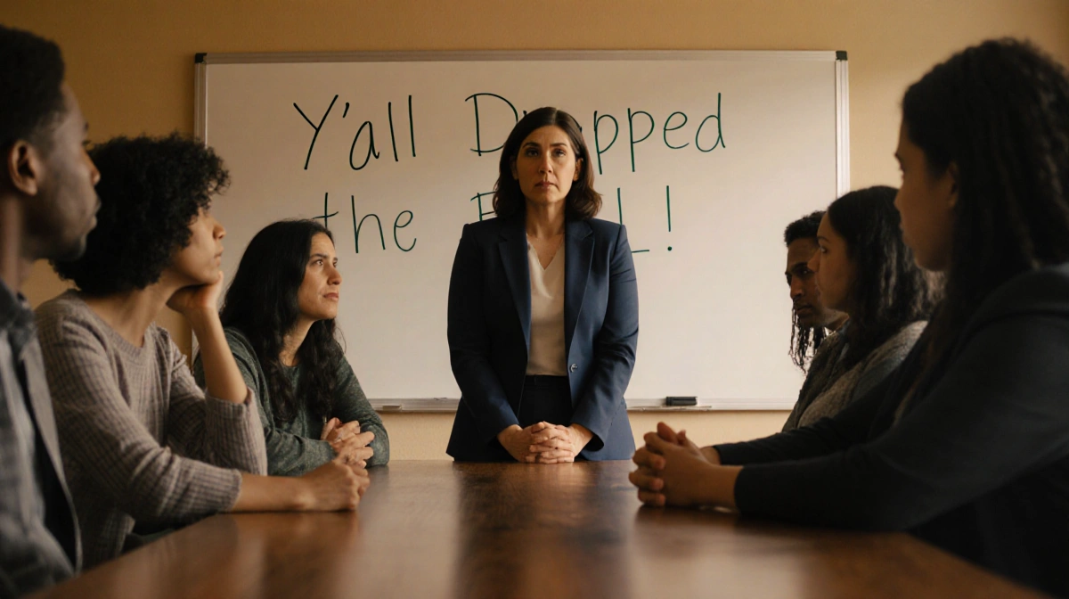 Superintendent Celina stands before parents with hands clasped and whiteboard showing Y