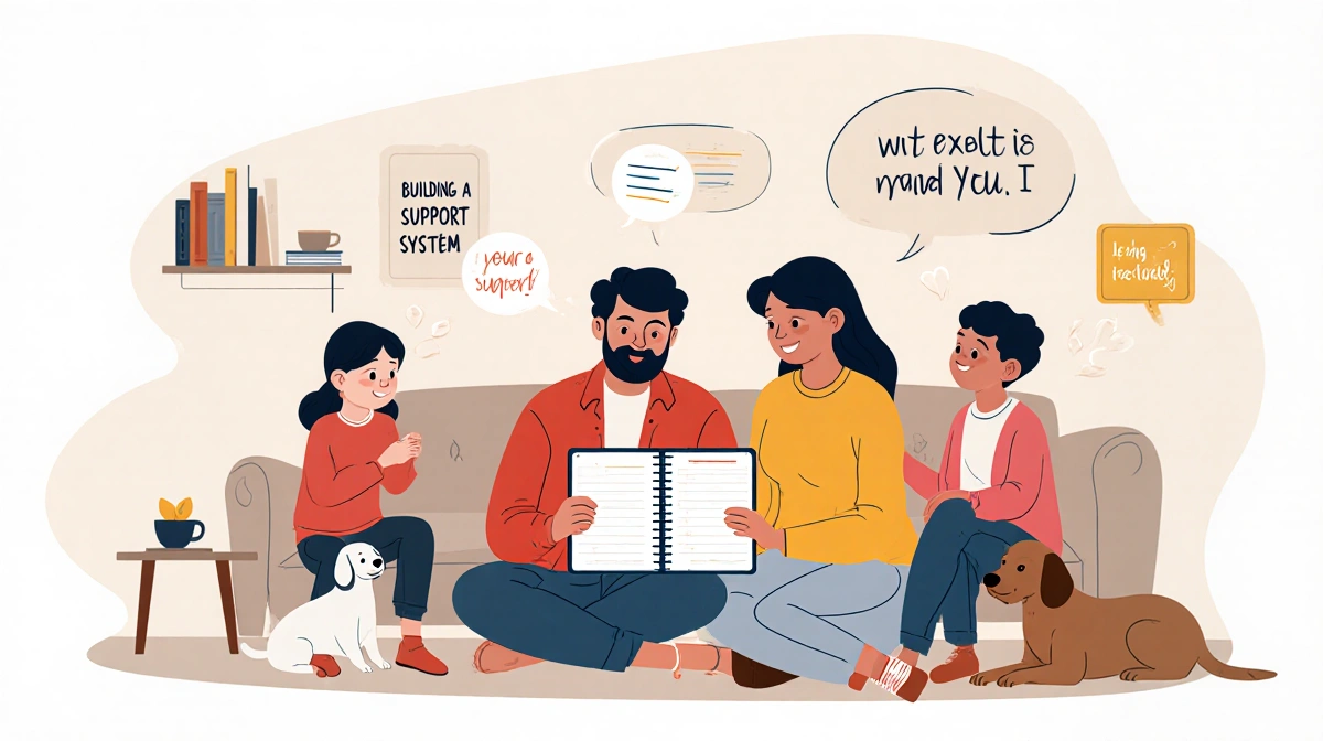 Person shares goals with partner and children and pets in a living room with motivational quotes and a support system