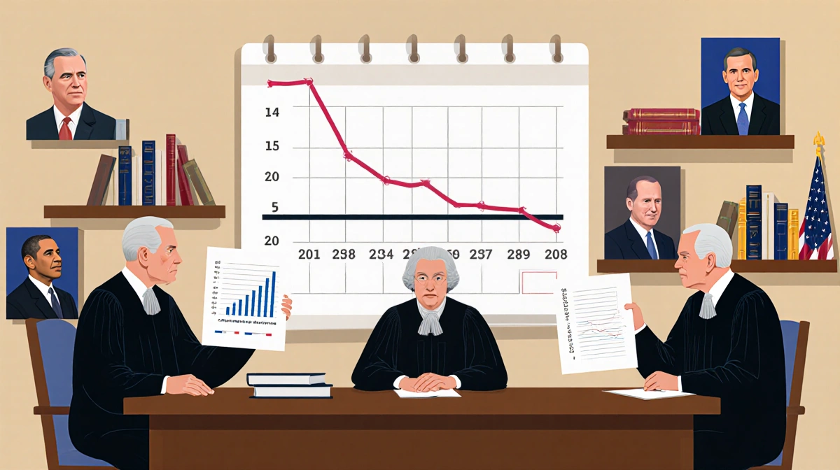 Supreme Court justices at a table holding decline charts and a timeline background with presidential portraits on shelves