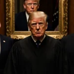 Supreme Court Justice sits with two Federal Judges in a dimly lit courtroom and a mirror reflection of Trump behind.