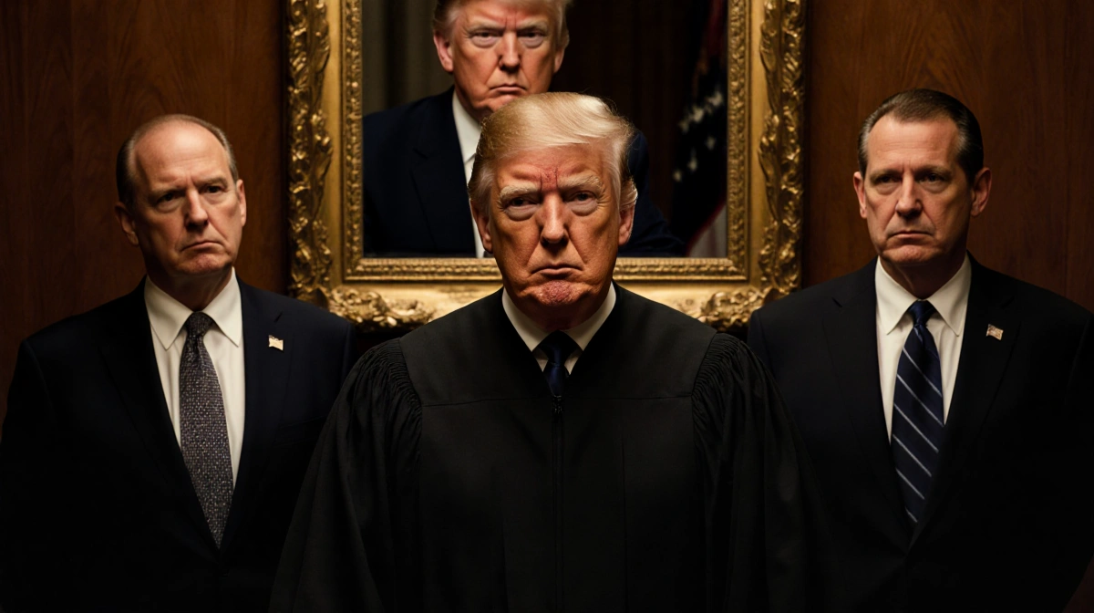 Supreme Court Justice sits with two Federal Judges in a dimly lit courtroom and a mirror reflection of Trump behind.