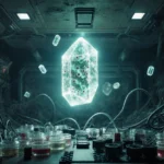 Crystalline structure glowing with microorganisms floats in zero-gravity laboratory with scattered petri dishes