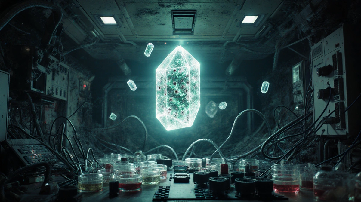 Crystalline structure glowing with microorganisms floats in zero-gravity laboratory with scattered petri dishes