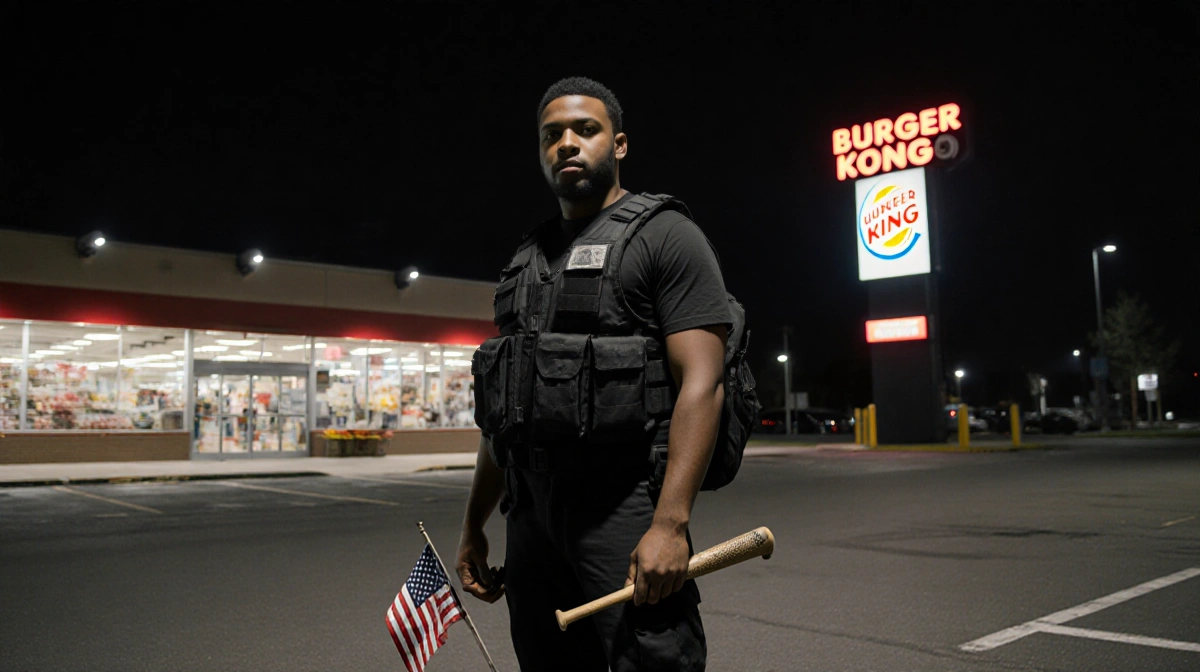 Christian holds an American flag with a baseball bat against his leg in a dim parking lot near a Burger King sign.