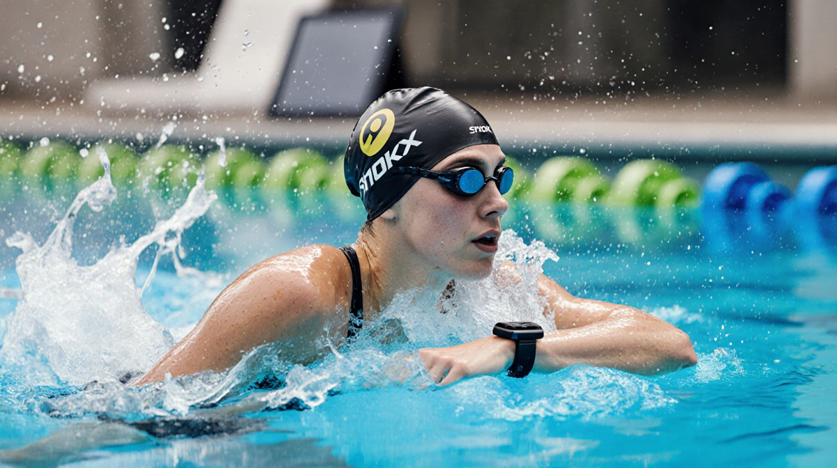 Swimmer wearing waterproof bone conduction headphones with wrist player while splashing through pool water