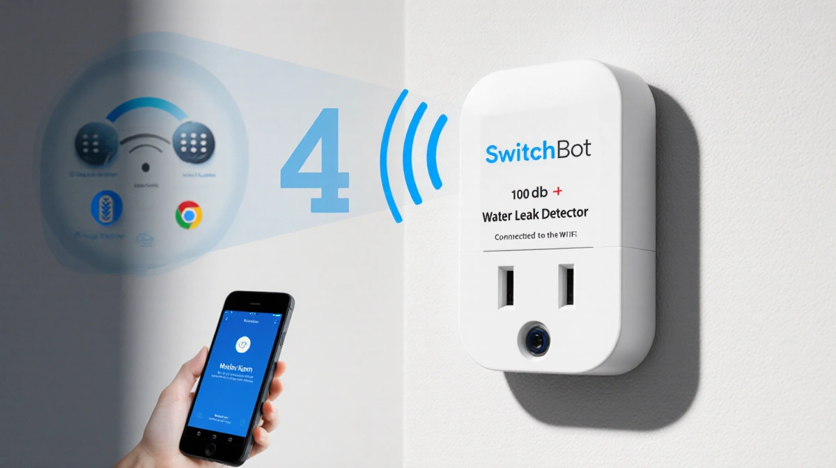SwitchBot Water Leak Detector sounding alarm with Wi-Fi signal and smartphone notification showing smart home integration