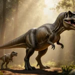 Tyrannosaurus Rex growing in prehistoric forest with golden light and tall trees surrounding