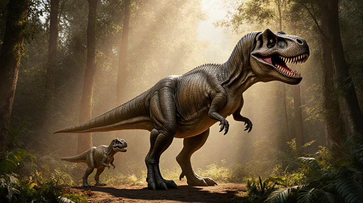 Tyrannosaurus Rex growing in prehistoric forest with golden light and tall trees surrounding