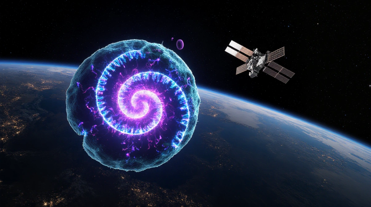 T7 virus infecting E coli bacteria in space with swirling neon spiral genome and glowing blue mutations near ISS