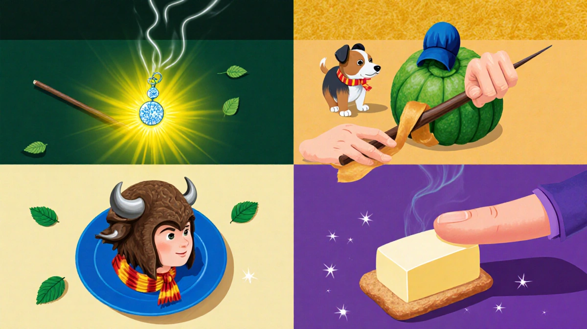 Wand glowing with sparkling charm on yellow table section with bright yellow aura and fruit peel in green section