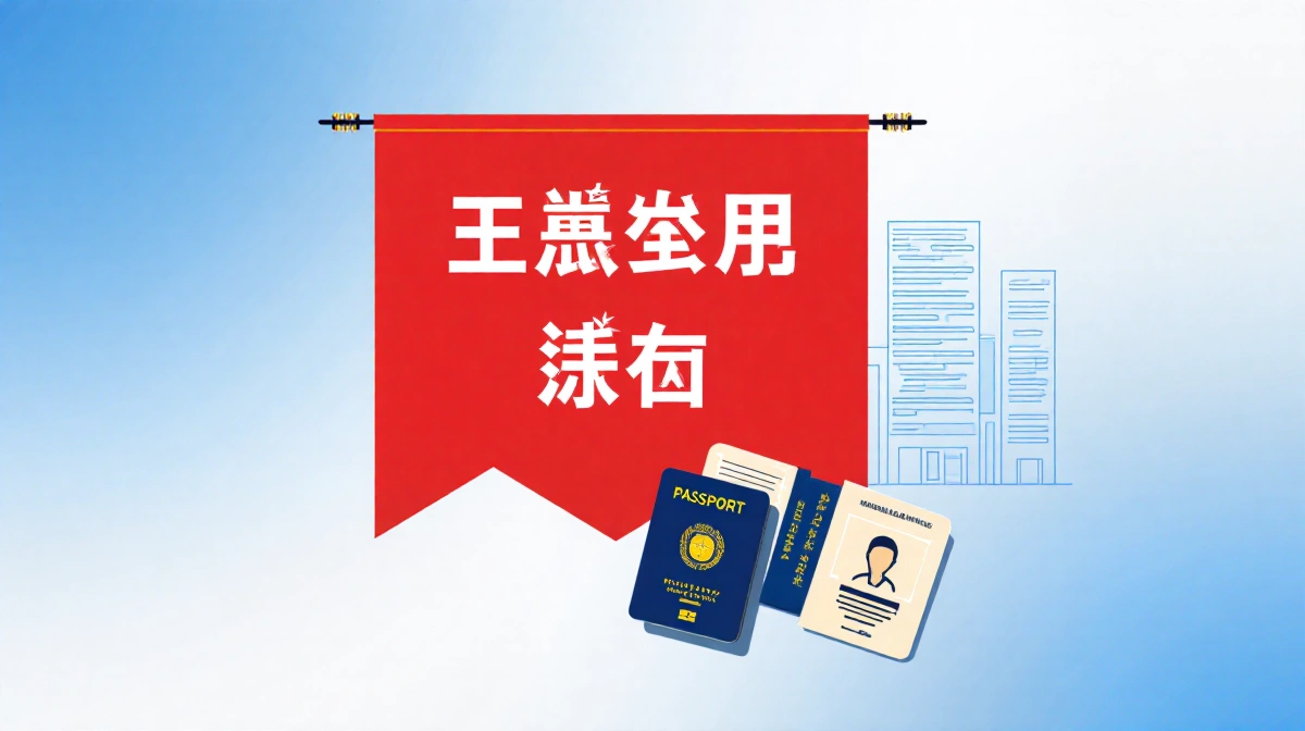 Red banner with Chinese characters stands beside passport icon with office building in background