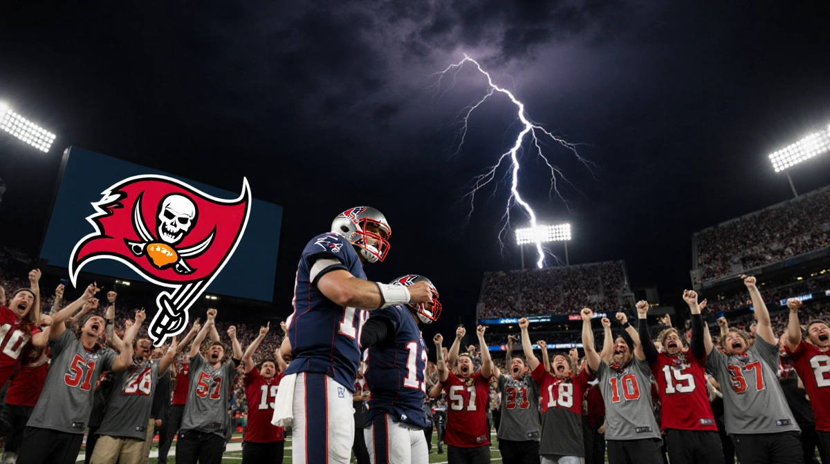 Tom Brady stands confidently beside teammate with Buccaneers logo on Jumbotron amid cheering fans at night