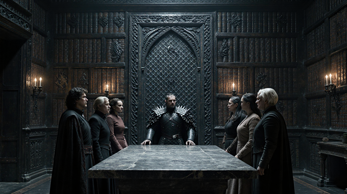 Targaryen king and advisors speaking with hushed tone near stone table and dragon scale door.
