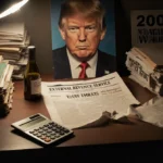 Wine bottle sits on desk with broken calculator and faded tariff notepad