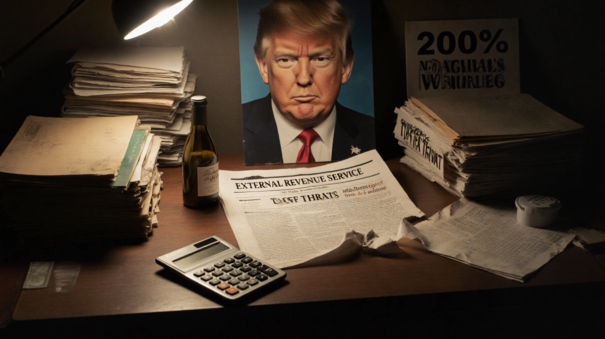 Wine bottle sits on desk with broken calculator and faded tariff notepad