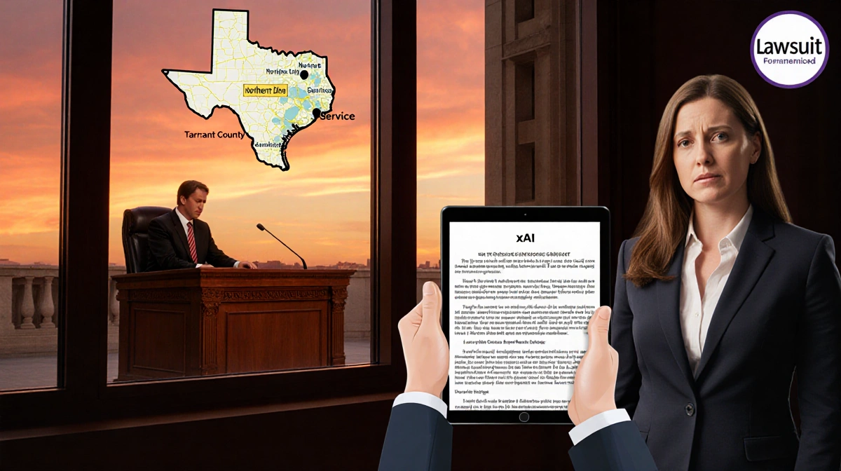 Lawyer holding tablet with xAI terms of service stands before judge's bench with Texas map showing Tarrant County and lawsuit