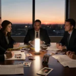 Tarrant County DA investigators reviewing cold case files with evidence photos and reports spread across a polished table