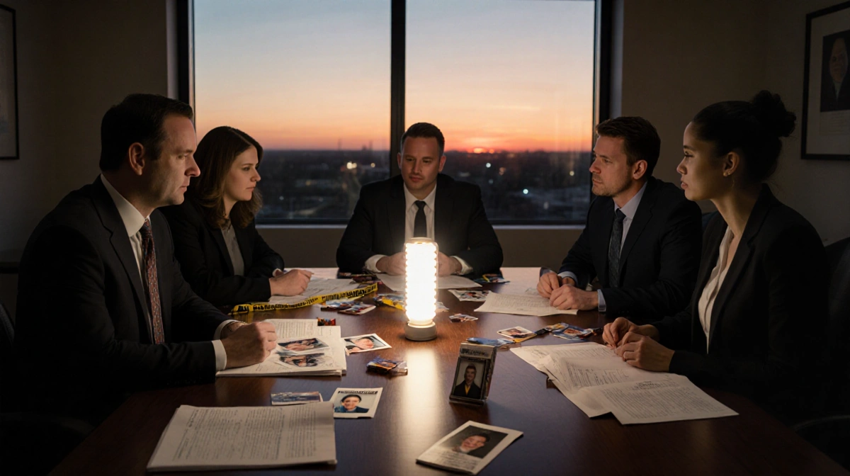 Tarrant County DA investigators reviewing cold case files with evidence photos and reports spread across a polished table