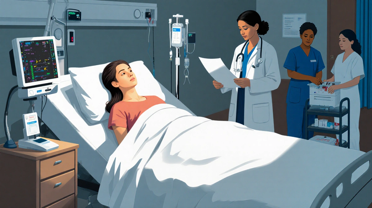 Tatiana lies in hospital bed with a doctor in white coat nearby and a medical team gathering and a nurse holding an IV pole.