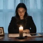 Tatiana Schlossberg sits at a wooden desk looking down with photographs and worn books and warm candlelight on blue backgroun