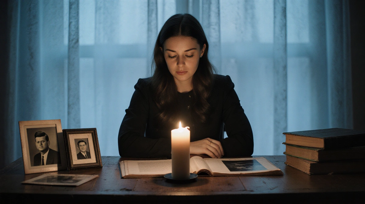 Tatiana Schlossberg sits at a wooden desk looking down with photographs and worn books and warm candlelight on blue backgroun