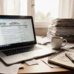 Laptop showing a tax return form with coffee and a notebook amid scattered financial documents in warm light.